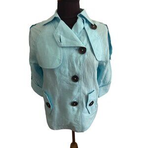 Chico's Blue Linen Button-Up Short Sleeve Jacket With Pockets, Size 0 (Small)